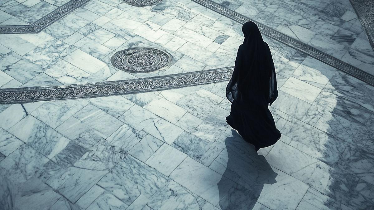  Image {https://unegma.digital} intro video series #1.
A woman walks over a marble floor, her sillage carried in her wake.